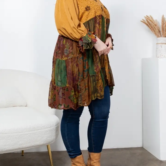 #116 NWT Young Threads Camel Earthy Boho Patchwork Tiered Top Woman Size L - Picture 10 of 16